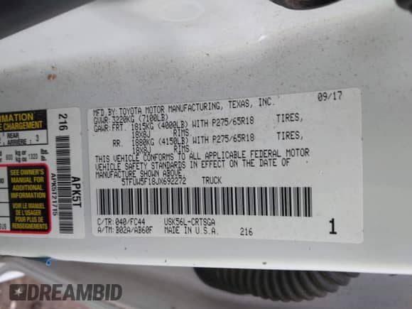 2018 Toyota Tundra SR с VIN 5TFUW5F18JX692272, выставлен на аукционе IAAI как лот 41421218 с пробегом 119 776 миль миль и . История ставок и продаж доступна на DreamBid. Изображение 9.