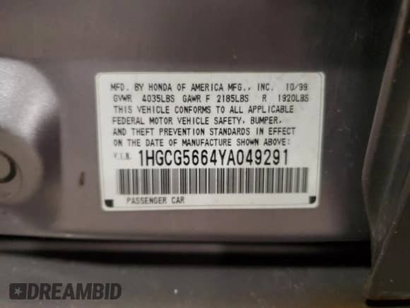 2000 Honda Accord EX with VIN 1HGCG5664YA049291, listed as a Copart auction lot 81418595 with 211,154 mi miles and Salvage title. Bid and sale history available at DreamBid. Image 12.