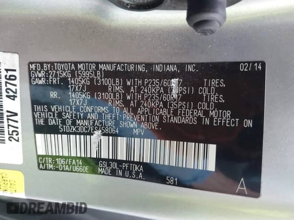 2014 Toyota Sienna L with VIN 5TDZK3DC7ES458064, listed as a IAAI auction lot 42192536 with 476,631 mi miles and . Bid and sale history available at DreamBid. Image 9.