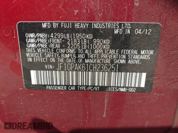 2012 Subaru Impreza Limited с VIN JF1GPAK61CH236251, выставлен на аукционе IAAI как лот 42907092 с пробегом 121 507 миль миль и . История ставок и продаж доступна на DreamBid. Изображение 9.