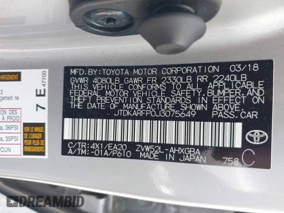 2018 Toyota Prius Plus z VIN JTDKARFP0J3075649, wystawiony jako IAAI lot #42569053 z przebiegiem 99 581 mil mil oraz . Historia ofert i sprzedaży dostępna na DreamBid. Obrazek 9.