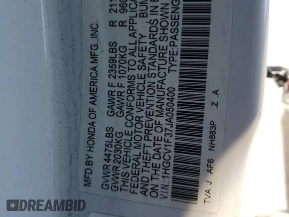 2018 Honda Accord Sport with VIN 1HGCV1F37JA050400, listed as a Copart auction lot 86253765 with 121,544 mi miles and Salvage title. Bid and sale history available at DreamBid. Image 13.