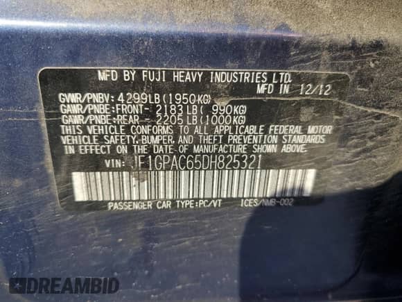 2013 Subaru Impreza Premium с VIN JF1GPAC65DH825321, выставлен на аукционе Copart как лот 84787715 с пробегом 269 987 миль миль и Чистый • Clean title. История ставок и продаж доступна на DreamBid. Изображение 12.