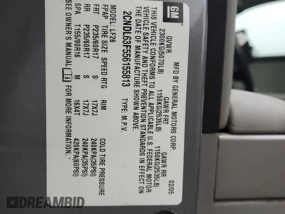 2005 Chevrolet Equinox LT с VIN 2CNDL63F556155813, выставлен на аукционе Copart как лот 70273964 с пробегом 200 513 миль миль и Чистый • Clean title. История ставок и продаж доступна на DreamBid. Изображение 14.