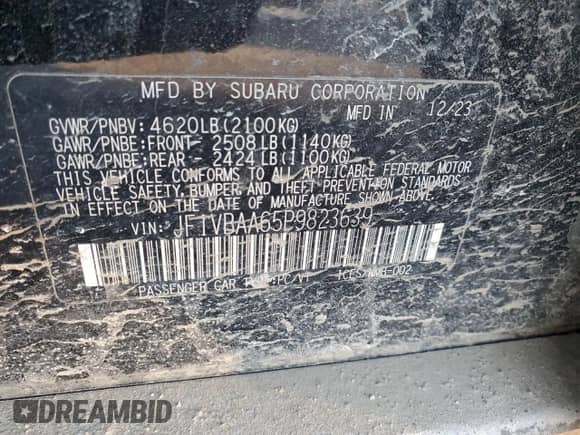 2023 Subaru WRX with VIN JF1VBAA65P9823639, listed as a Copart auction lot 41861455 with 21,990 mi miles and Salvage title. Bid and sale history available at DreamBid. Image 14.