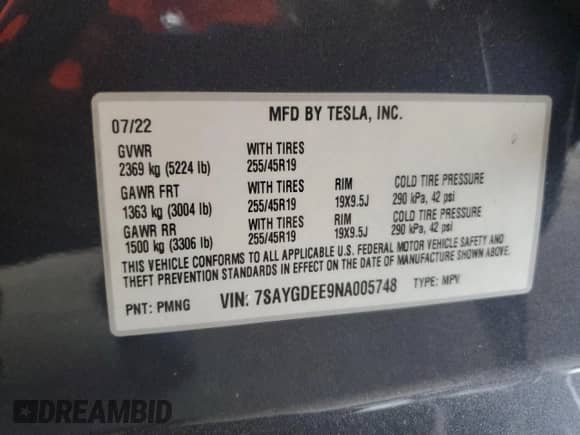 2022 Tesla Model Y Long Range with VIN 7SAYGDEE9NA005748, listed as a Copart auction lot 62662084 with 19,912 mi miles and Non repairable. Bid and sale history available at DreamBid. Image 13.