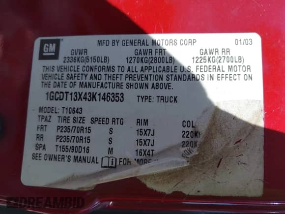 2003 Chevrolet S-10 LS с VIN 1GCDT13X43K146353, выставлен на аукционе IAAI как лот 42796805 с пробегом 146 762 миль миль и . История ставок и продаж доступна на DreamBid. Изображение 9.
