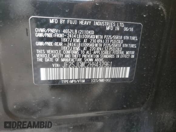 2017 Subaru Forester Touring z VIN JF2SJGWC2HH432961, wystawiony jako Copart lot #59044165 z przebiegiem 58 716 mil mil oraz Szkoda całkowita • Salvage title. Historia ofert i sprzedaży dostępna na DreamBid. Obrazek 13.