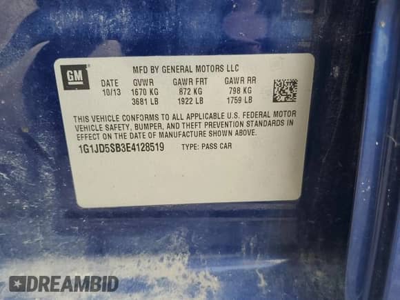 2014 Chevrolet Sonic LT with VIN 1G1JD5SB3E4128519, listed as a Copart auction lot 68714605 with 132,231 mi miles and Salvage title. Bid and sale history available at DreamBid. Image 12.
