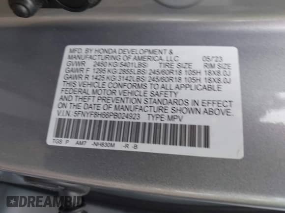 2023 Honda Passport TrailSport z VIN 5FNYF8H66PB024923, wystawiony jako IAAI lot #42243780 z przebiegiem 14 358 mil mil oraz . Historia ofert i sprzedaży dostępna na DreamBid. Obrazek 9.