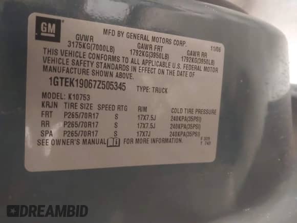 2007 GMC Sierra 1500 SLE2 z VIN 1GTEK19067Z505345, wystawiony jako IAAI lot #42936236 z przebiegiem 217 767 mil mil oraz . Historia ofert i sprzedaży dostępna na DreamBid. Obrazek 9.