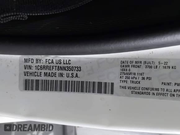 2022 Ram 1500 Big Horn z VIN 1C6RREFT8NN350733, wystawiony jako IAAI lot #41086629 z przebiegiem 105 435 mil mil oraz . Historia ofert i sprzedaży dostępna na DreamBid. Obrazek 9.