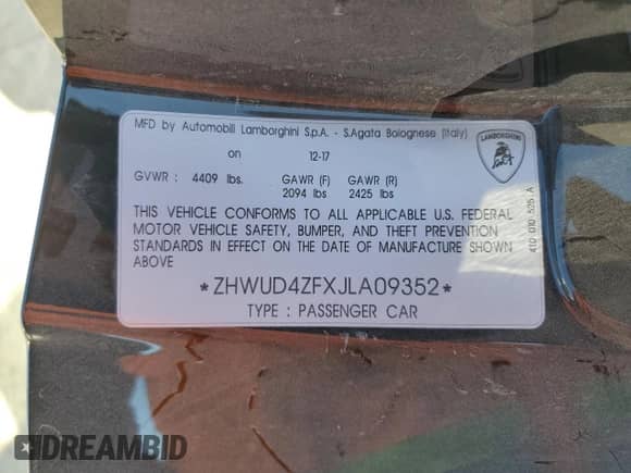 2018 Lamborghini Huracan с VIN ZHWUD4ZFXJLA09352, выставлен на аукционе Copart как лот 84653484 с пробегом 6 420 миль миль и Списание • Salvage title. История ставок и продаж доступна на DreamBid. Изображение 13.