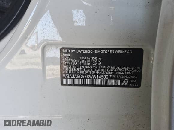 2019 BMW 5 Series 530i with VIN WBAJA5C57KWW14580, listed as a Copart auction lot 54627645 with 94,376 mi miles and Clean title. Bid and sale history available at DreamBid. Image 12.