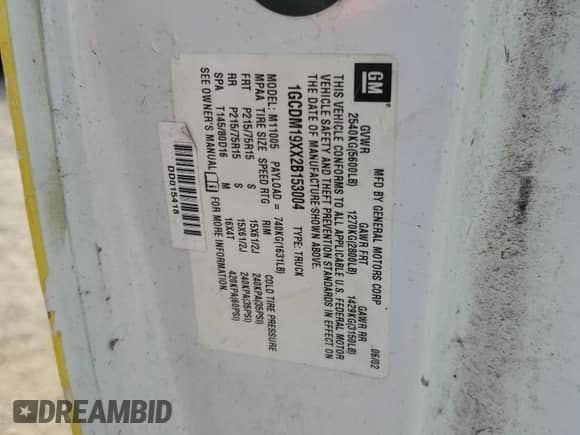 2002 Chevrolet Astro Cargo с VIN 1GCDM19XX2B153004, выставлен на аукционе Copart как лот 66012885 с пробегом Не указан миль и Списание • Salvage title. История ставок и продаж доступна на DreamBid. Изображение 13.
