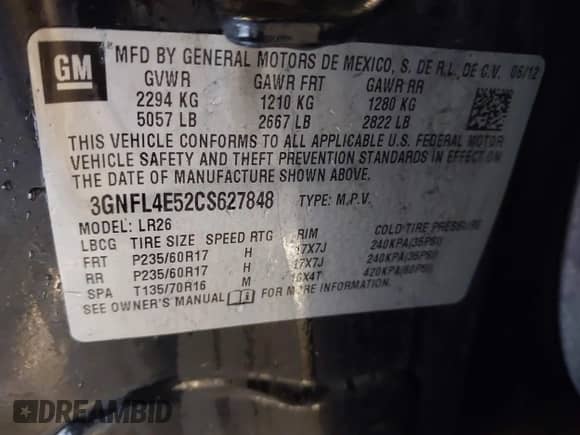 2012 Chevrolet Captiva Sport LTZ с VIN 3GNFL4E52CS627848, выставлен на аукционе IAAI как лот 42147837 с пробегом 178 884 миль миль и . История ставок и продаж доступна на DreamBid. Изображение 9.