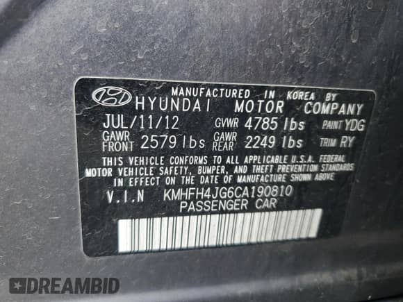 2012 Hyundai Azera с VIN KMHFH4JG6CA190810, выставлен на аукционе Copart как лот 81902675 с пробегом 204 579 миль миль и Списание • Salvage title. История ставок и продаж доступна на DreamBid. Изображение 12.