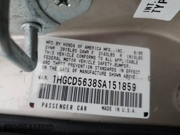 1995 Honda Accord LX z VIN 1HGCD5638SA151859, wystawiony jako Copart lot #85007704 z przebiegiem 137 901 mil mil oraz Szkoda całkowita • Salvage title. Historia ofert i sprzedaży dostępna na DreamBid. Obrazek 15.