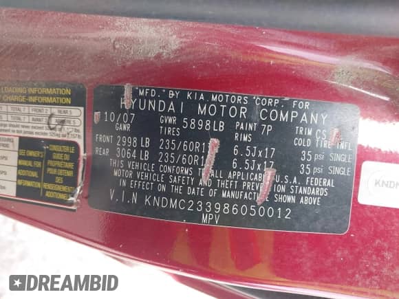 2008 Hyundai Entourage GLS z VIN KNDMC233986050012, wystawiony jako IAAI lot #42070341 z przebiegiem 161 066 mil mil oraz . Historia ofert i sprzedaży dostępna na DreamBid. Obrazek 9.