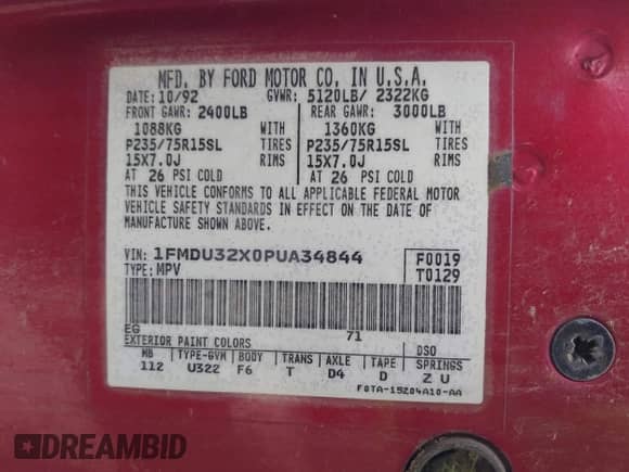 1993 Ford Explorer Eddie Bauer with VIN 1FMDU32X0PUA34844, listed as a IAAI auction lot 42633145 with 11,230 mi miles and . Bid and sale history available at DreamBid. Image 9.