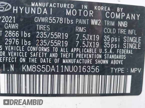2022 Hyundai Santa Fe Limited with VIN KM8S5DA11NU016356, listed as a IAAI auction lot 42263808 with 88,554 mi miles and . Bid and sale history available at DreamBid. Image 9.