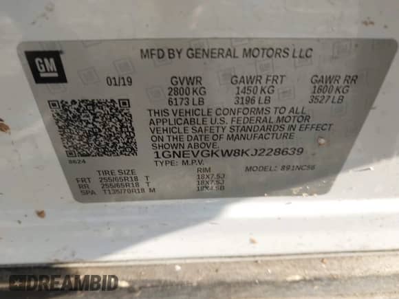 2019 Chevrolet Traverse LT Cloth z VIN 1GNEVGKW8KJ228639, wystawiony jako IAAI lot #42388340 z przebiegiem Nie podano mil oraz . Historia ofert i sprzedaży dostępna na DreamBid. Obrazek 9.