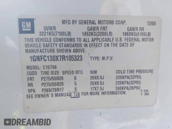 2007 Chevrolet Tahoe LTZ с VIN 1GNFC130X7R105323, выставлен на аукционе IAAI как лот 42533832 с пробегом 230 946 миль миль и . История ставок и продаж доступна на DreamBid. Изображение 9.
