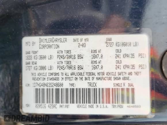 2003 Dodge Dakota SLT with VIN 1D7HG48N63S248600, listed as a Copart auction lot 62888585 with 190,344 mi miles and Salvage title. Bid and sale history available at DreamBid. Image 12.