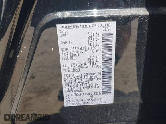 2020 Nissan Pathfinder SL with VIN 5N1DR2CM8LC642806, listed as a IAAI auction lot 42572845 with 45,286 mi miles and . Bid and sale history available at DreamBid. Image 9.