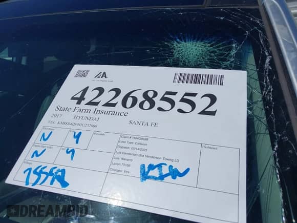 2017 Hyundai Santa Fe SE Ultimate with VIN KM8SR4HF4HU232969, listed as a IAAI auction lot 42268552 with 75,598 mi miles and . Bid and sale history available at DreamBid. Image 17.