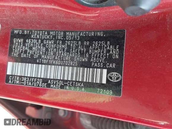 2013 Toyota Camry L with VIN 4T1BF1FK6DU702825, listed as a IAAI auction lot 43134661 with 190,600 mi miles and . Bid and sale history available at DreamBid. Image 9.