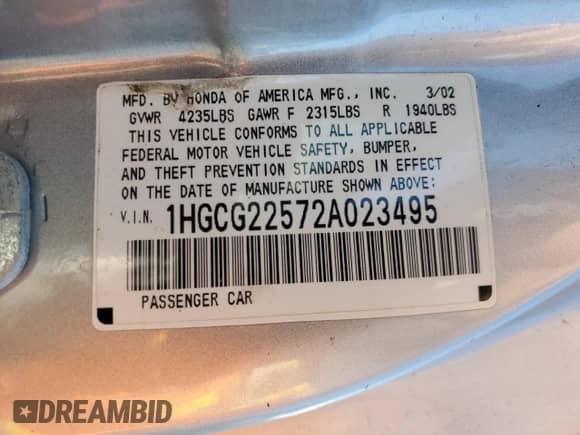 2002 Honda Accord EX with VIN 1HGCG22572A023495, listed as a Copart auction lot 71308015 with 177,408 mi miles and Salvage title. Bid and sale history available at DreamBid. Image 12.