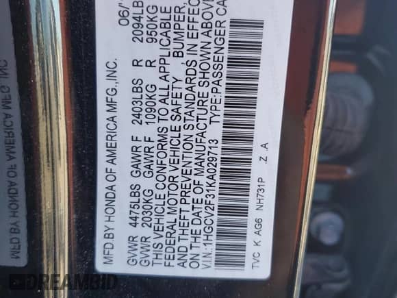2019 Honda Accord Sport with VIN 1HGCV2F31KA029713, listed as a Copart auction lot 81383845 with 75,486 mi miles and Non repairable. Bid and sale history available at DreamBid. Image 13.