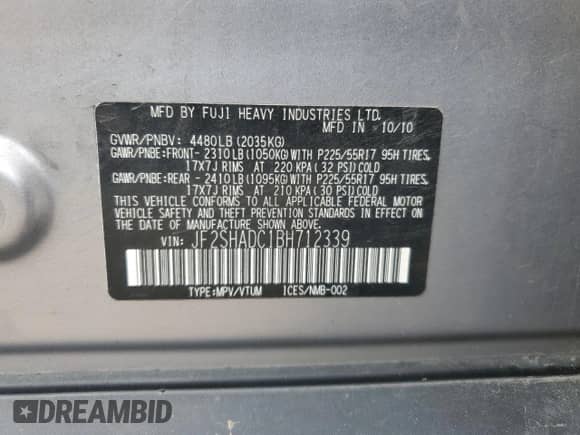 2011 Subaru Forester X Premium with VIN JF2SHADC1BH712339, listed as a Copart auction lot 66895135 with 183,845 mi miles and Salvage title. Bid and sale history available at DreamBid. Image 12.