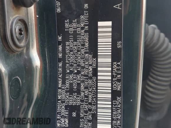 2007 Toyota Tundra SR5 z VIN 5TBET54177S455540, wystawiony jako Copart lot #71871704 z przebiegiem 247 986 mil mil oraz Szkoda całkowita • Salvage title. Historia ofert i sprzedaży dostępna na DreamBid. Obrazek 12.