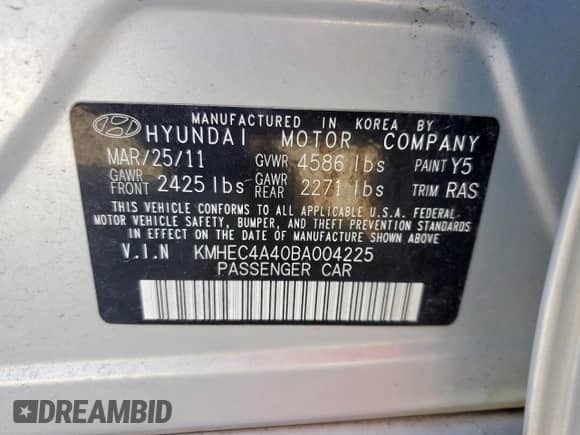 2011 Hyundai Sonata Hybrid with VIN KMHEC4A40BA004225, listed as a Copart auction lot 90492665 with 135,022 mi miles and Clean title. Bid and sale history available at DreamBid. Image 12.