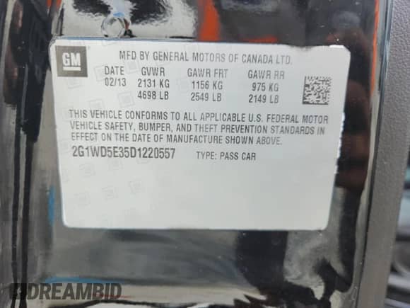 2013 Chevrolet Impala Police с VIN 2G1WD5E35D1220557, выставлен на аукционе Copart как лот 62737725 с пробегом Не указан миль и Списание • Salvage title. История ставок и продаж доступна на DreamBid. Изображение 12.