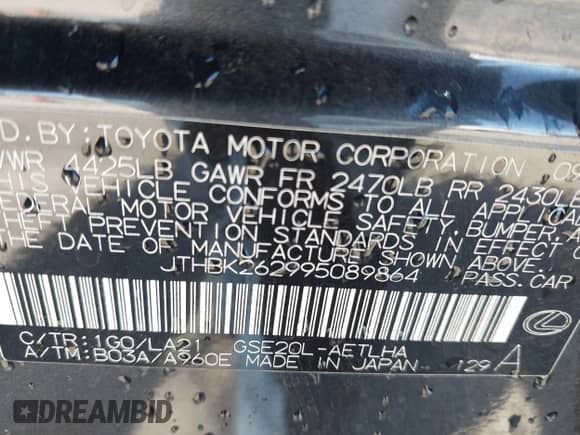 2009 Lexus IS 250 z VIN JTHBK262995089864, wystawiony jako IAAI lot #42920274 z przebiegiem 60 735 mil mil oraz . Historia ofert i sprzedaży dostępna na DreamBid. Obrazek 9.