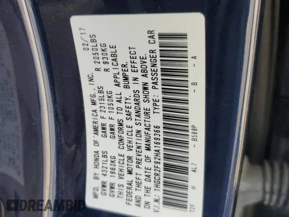 2017 Honda Accord EX-L with VIN 1HGCR2F92HA169366, listed as a Copart auction lot 80115075 with 73,599 mi miles and Clean title. Bid and sale history available at DreamBid. Image 12.