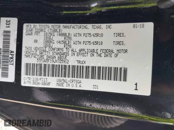 2018 Toyota Tundra SR с VIN 5TFUW5F19JX725912, выставлен на аукционе IAAI как лот 42437463 с пробегом 193 630 миль миль и . История ставок и продаж доступна на DreamBid. Изображение 9.