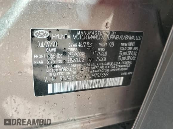2020 Hyundai Santa Fe SEL с VIN 5NMS33AD2LH257359, выставлен на аукционе Copart как лот 84023925 с пробегом 69 935 миль миль и На запчасти • Non repairable. История ставок и продаж доступна на DreamBid. Изображение 14.