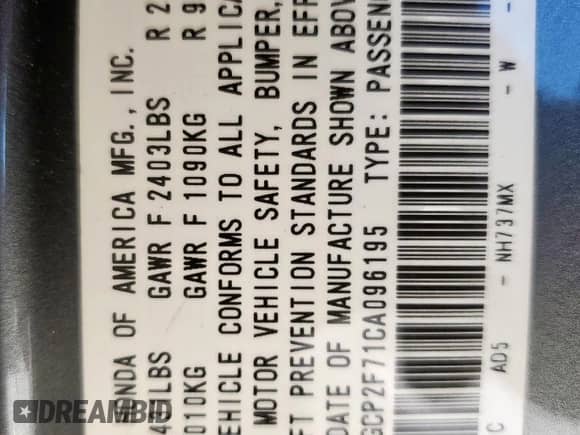 2012 Honda Accord EX with VIN 1HGCP2F71CA096195, listed as a Copart auction lot 80170685 with 128,072 mi miles and Salvage title. Bid and sale history available at DreamBid. Image 12.