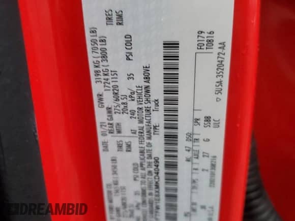 2021 Ford F-150 XLT с VIN 1FTFW1E8XMKD40490, выставлен на аукционе Copart как лот 89439325 с пробегом 33 550 миль миль и Списание • Salvage title. История ставок и продаж доступна на DreamBid. Изображение 13.