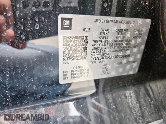 2018 Chevrolet Tahoe Premier с VIN 1GNSKCKJ7JR304490, выставлен на аукционе Copart как лот 63460675 с пробегом 109 551 миль миль и Списание • Salvage title. История ставок и продаж доступна на DreamBid. Изображение 13.