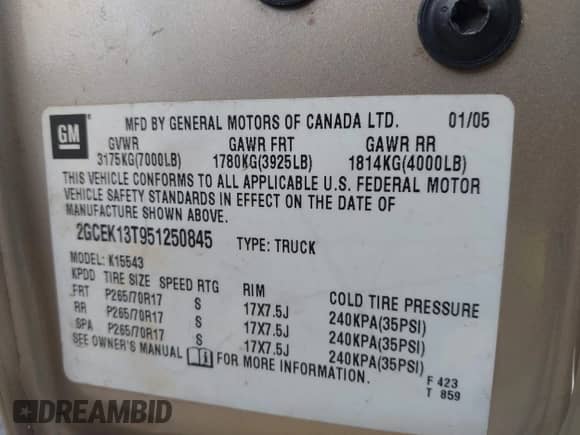 2005 Chevrolet Silverado 1500 LT with VIN 2GCEK13T951250845, listed as a IAAI auction lot 41093130 with 131,092 mi miles and . Bid and sale history available at DreamBid. Image 9.