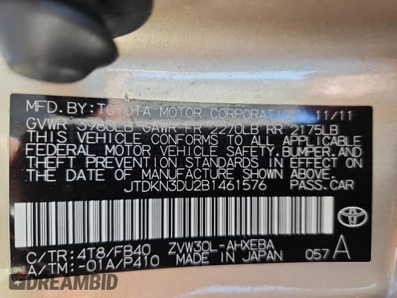 2011 Toyota Prius II with VIN JTDKN3DU2B1461576, listed as a Copart auction lot 84399035 with 160,516 mi miles and Salvage title. Bid and sale history available at DreamBid. Image 12.