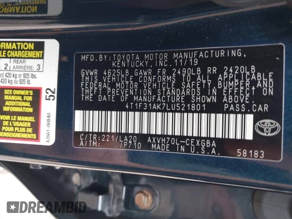 2020 Toyota Camry Hybrid XLE z VIN 4T1F31AK7LU521801, wystawiony jako IAAI lot #42707425 z przebiegiem 66 573 mil mil oraz . Historia ofert i sprzedaży dostępna na DreamBid. Obrazek 9.