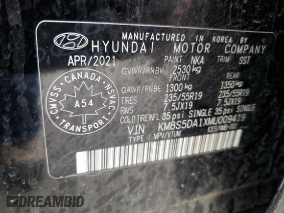 2021 Hyundai Santa Fe Limited with VIN KM8S5DA1XMU009419, listed as a Copart auction lot 85748255 with 91,680 mi miles and Clean title. Bid and sale history available at DreamBid. Image 13.