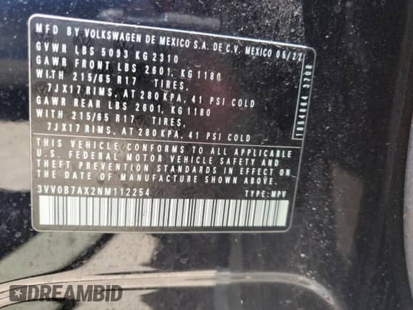 2022 Volkswagen Tiguan S с VIN 3VV0B7AX2NM112254, выставлен на аукционе Copart как лот 62713645 с пробегом 21 676 миль миль и Списание • Salvage title. История ставок и продаж доступна на DreamBid. Изображение 13.