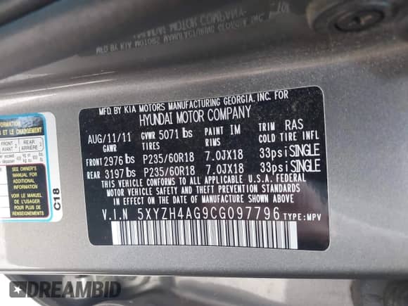 2012 Hyundai Santa Fe SE с VIN 5XYZH4AG9CG097796, выставлен на аукционе IAAI как лот 43028401 с пробегом 69 520 миль миль и . История ставок и продаж доступна на DreamBid. Изображение 9.
